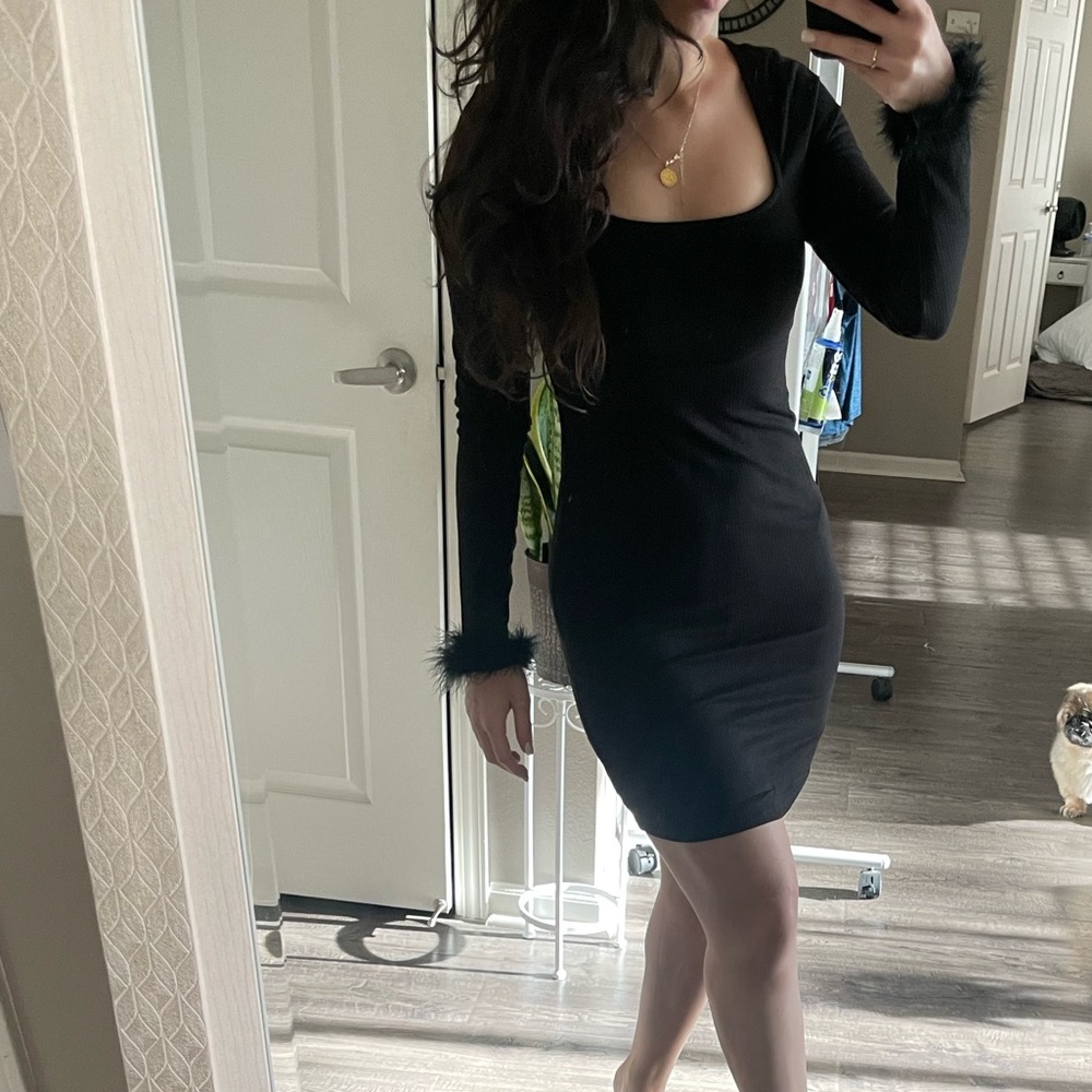 Adorable Ribbed Dress with Faux Feather Cuffs